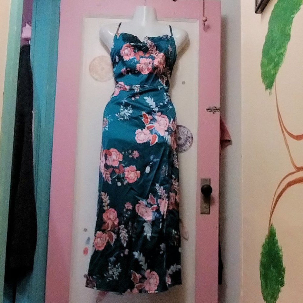 Teal Satin Maxi Dress With Large Pink Floral Pattern &  High Thigh Slit (L)